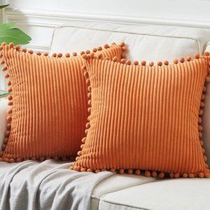Orange Corduroy Luxury Farmhouse Velvet Pompom Bed Throw Pillow Set of 2 Cases